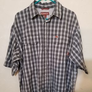 Simms Vented Short Sleeve Fishing Shirt BW Check Pattern Pearl Snaps Size XL